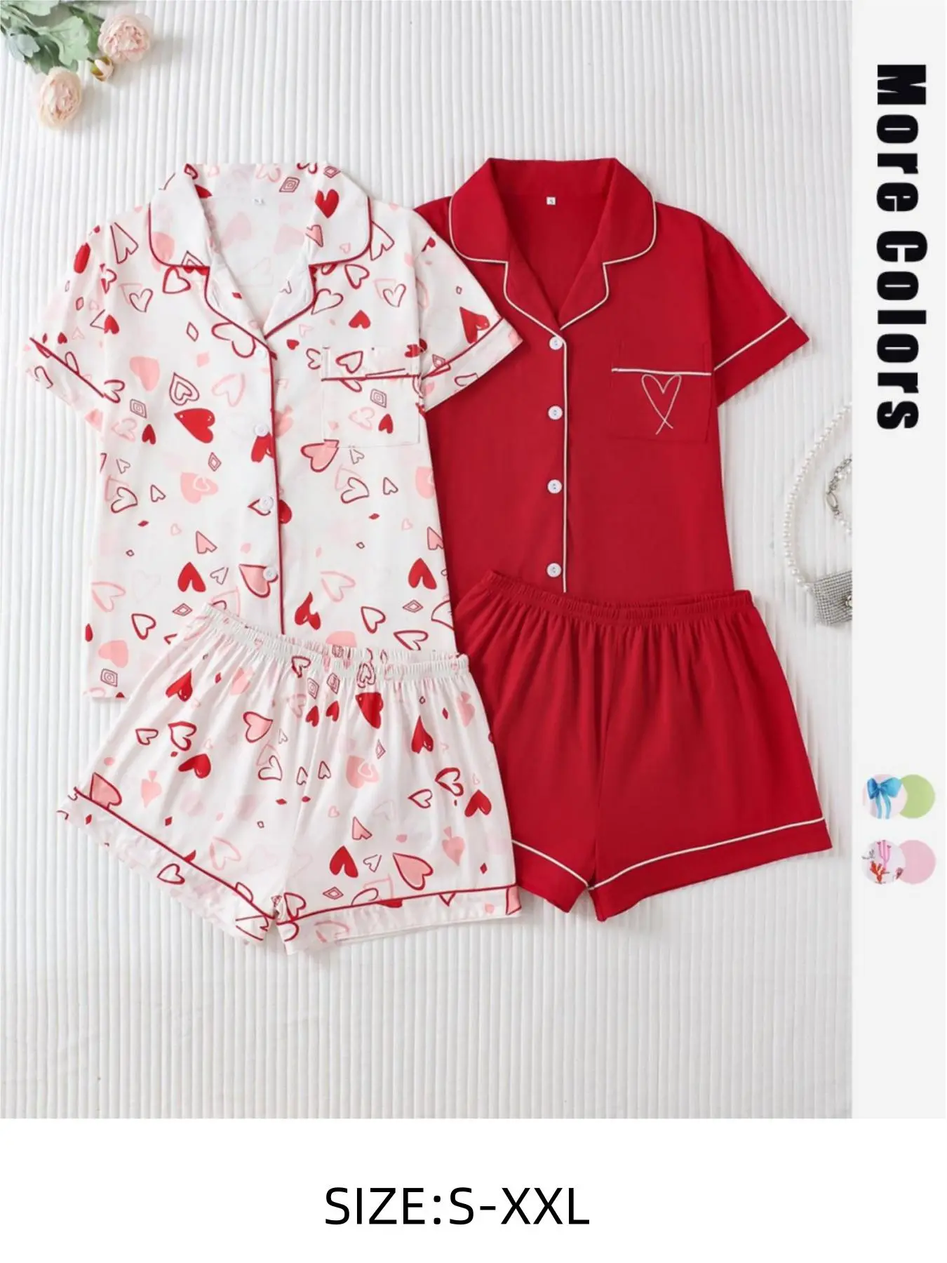 Women's All Over Print & Solid Color Lapel Neck Pajama Set, Casual Comfy Short Sleeve Button Front Chest Pocket Design Top & Elastic Waist Shorts PJ Set, Ladies Sleepwear for All Seasons