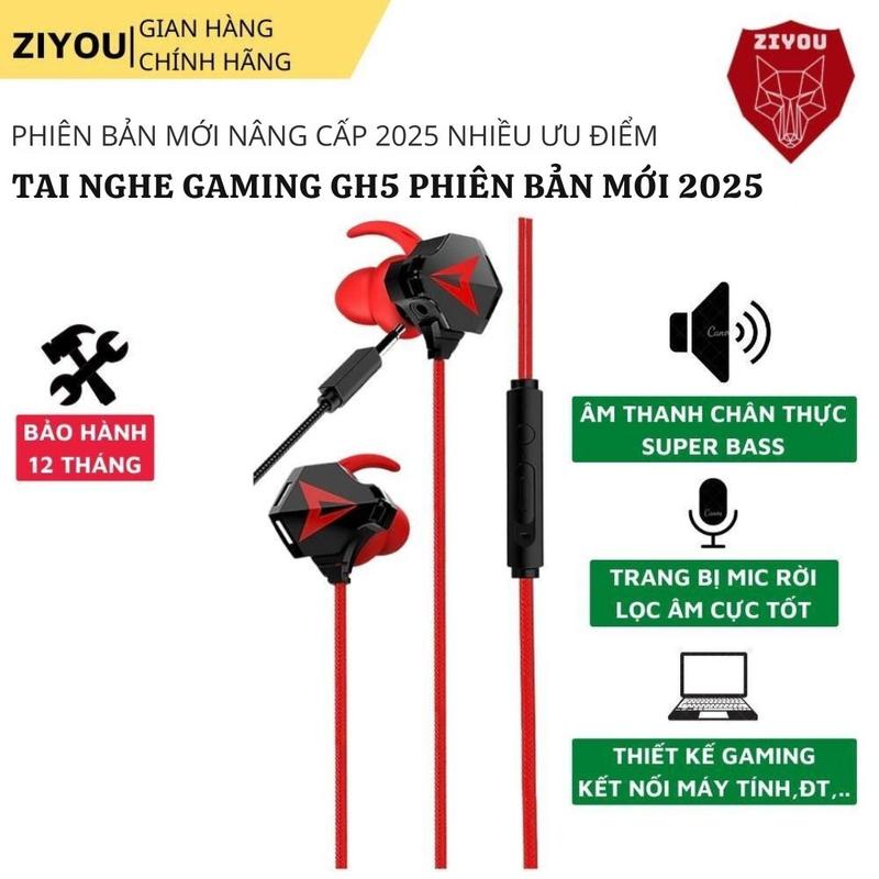 Tai nghe gaming nhét tai ZIYOU GH5 âm thanh super bass, chống ồn cực tốt, có mic có thể tháo rời, tặng bộ phụ kiện Nghe Nhạc Earphone