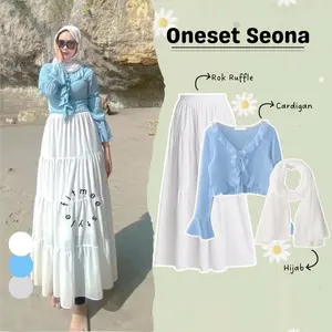 RAMADHAN SALE Seona Set Wanita Remaja 3in1 Kekinian Rok Ruffle 3 Susun, Atasan Cardigan Crop Rumbai, Hijab Pashmina Setelan Terbaru Cantik Ala Selebgram Outfit Set Pantai Hiling Jalan Casual Panjang Baju Muslim Rib Kombinasi