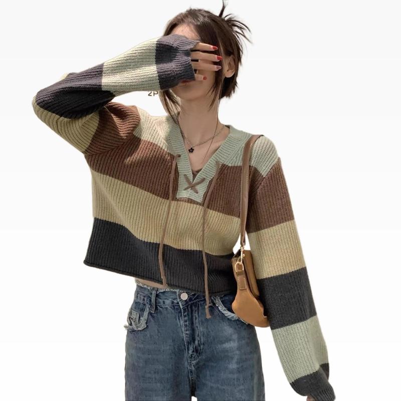 (HÀNG QC) Áo len kiểu nữ Kozoda AL151 chất dệt kim đan dây dài tay form vừa họa thiết kẻ ngang - Women, Top