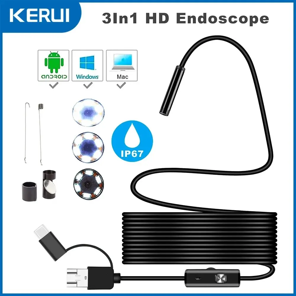 Kamera Endoskop Android, Diameter 7MM, 3 IN1 Mikro USB Jenis C Boreskop, Kamera Mini, Kalis Air, LED, Sesuai untuk Pemeriksaan Kereta, Serasi dengan HUAWEI dan XIAOMI PC Lampu Phone