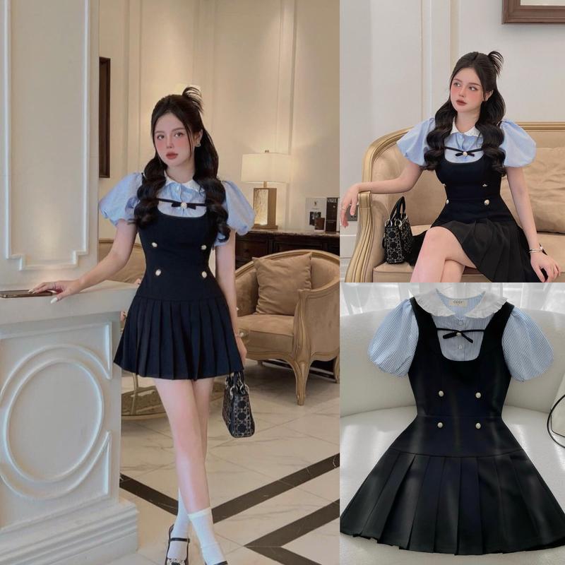 BIGSIZE HIẾU HIẾU 55-95KG - Váy tiểu thư giả yếm sọc tay phồng đính nơ Nữ