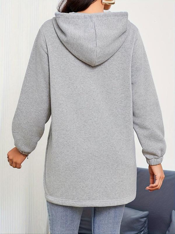 Women's Plain Drawstring Pocket Zip Up Thermal Lined Hoodie, Casual Drop Shoulder Long Sleeve Hooded Sweatshirt for Daily Wear, Ladies Clothes for All Seasons 1