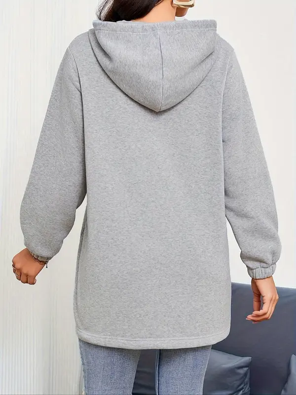 Women's Plain Drawstring Pocket Zip Up Thermal Lined Hoodie, Casual Drop Shoulder Long Sleeve Hooded Sweatshirt for Daily Wear, Ladies Clothes for All Seasons 1
