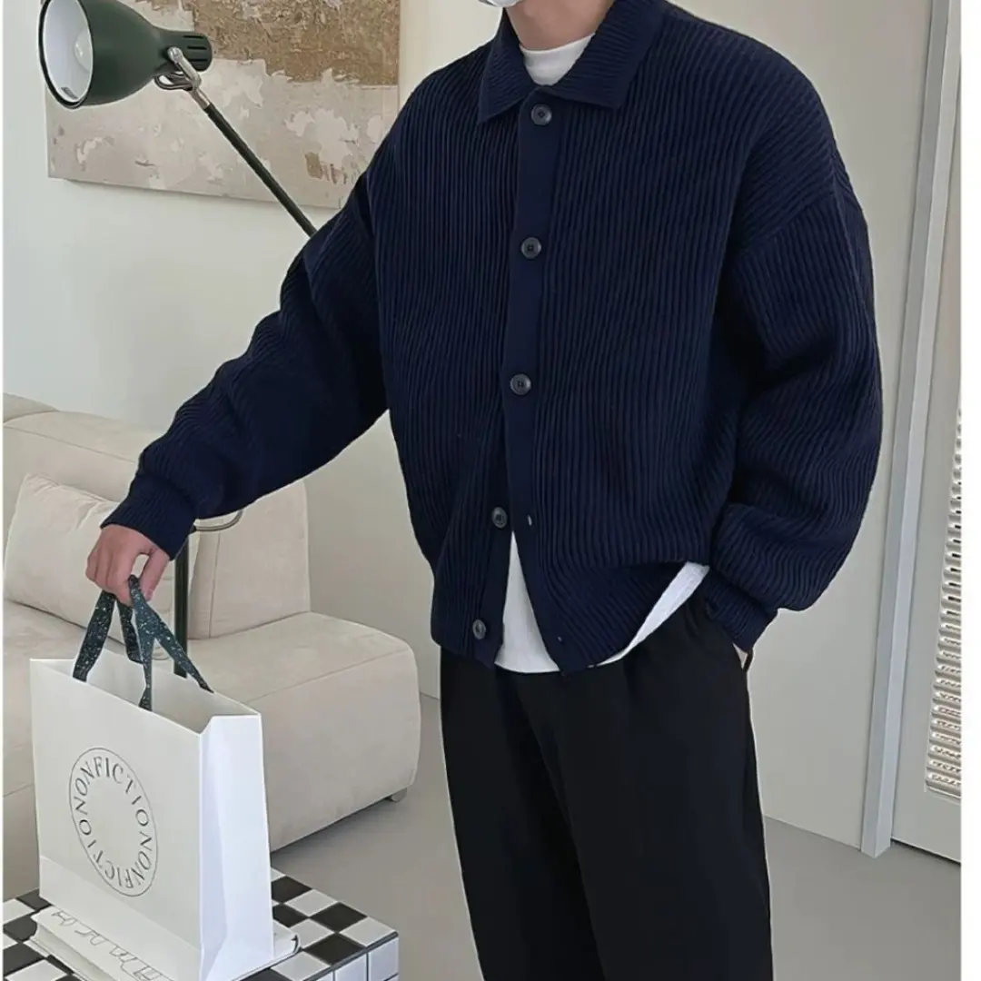Áo Khoác Len Cardigan WEERE Dệt Kim Màu Trơn Chất Len Lông Cừu Cao Cấp Dáng Rộng Phong Cách Hàn Quốc Top Menswear