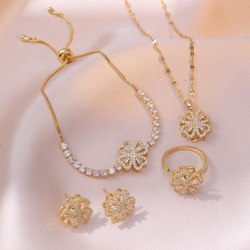 TNX-(hàng đẹp) Set Bộ cỏ 4 lá đá xoay 4 ct(dây,khuyên,nhẫn,lắc) titan mạ vàng 0