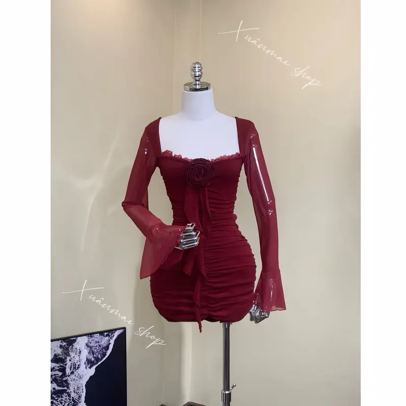 Đầm HOA TRƯỚC TUA RUA tay loe lưới nhúm hông ngắn XuânMaishop 6