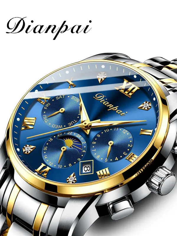 Men's Business Rhinestones Decorated Round Dial Calendar Mechanical Watch,  Waterproof Fashion Trendy Wristwatch, with Box 0