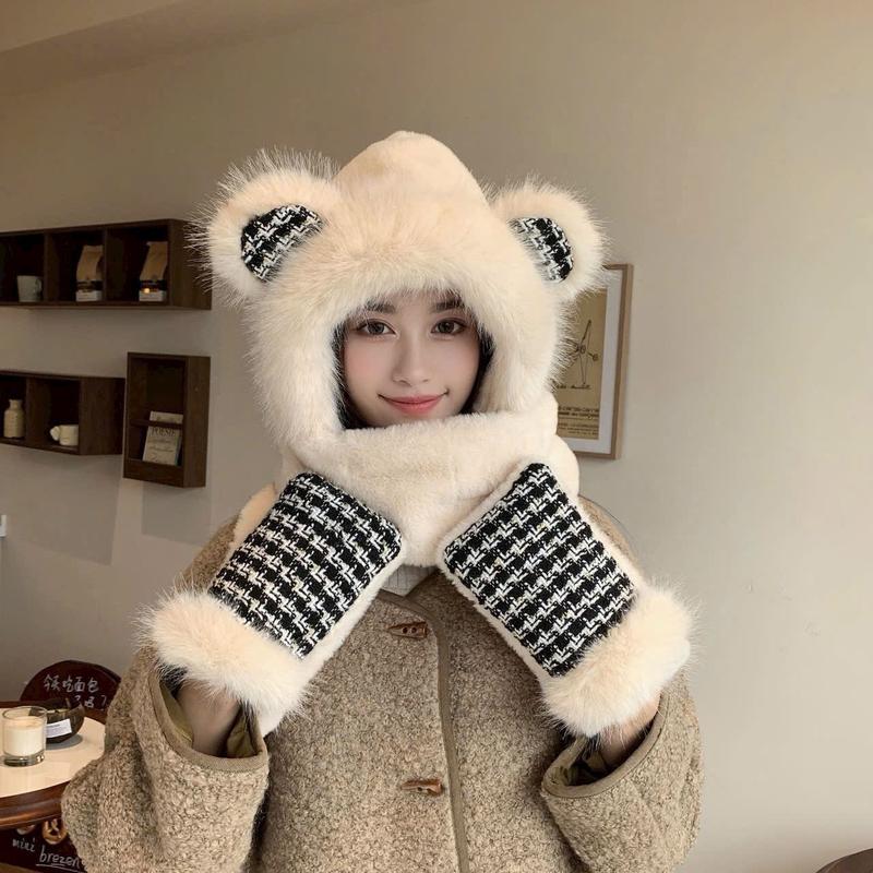 Mũ Gấu Lông  Kèm Găng Tay Khăn Quàng Cổ Siêu Ấm 0