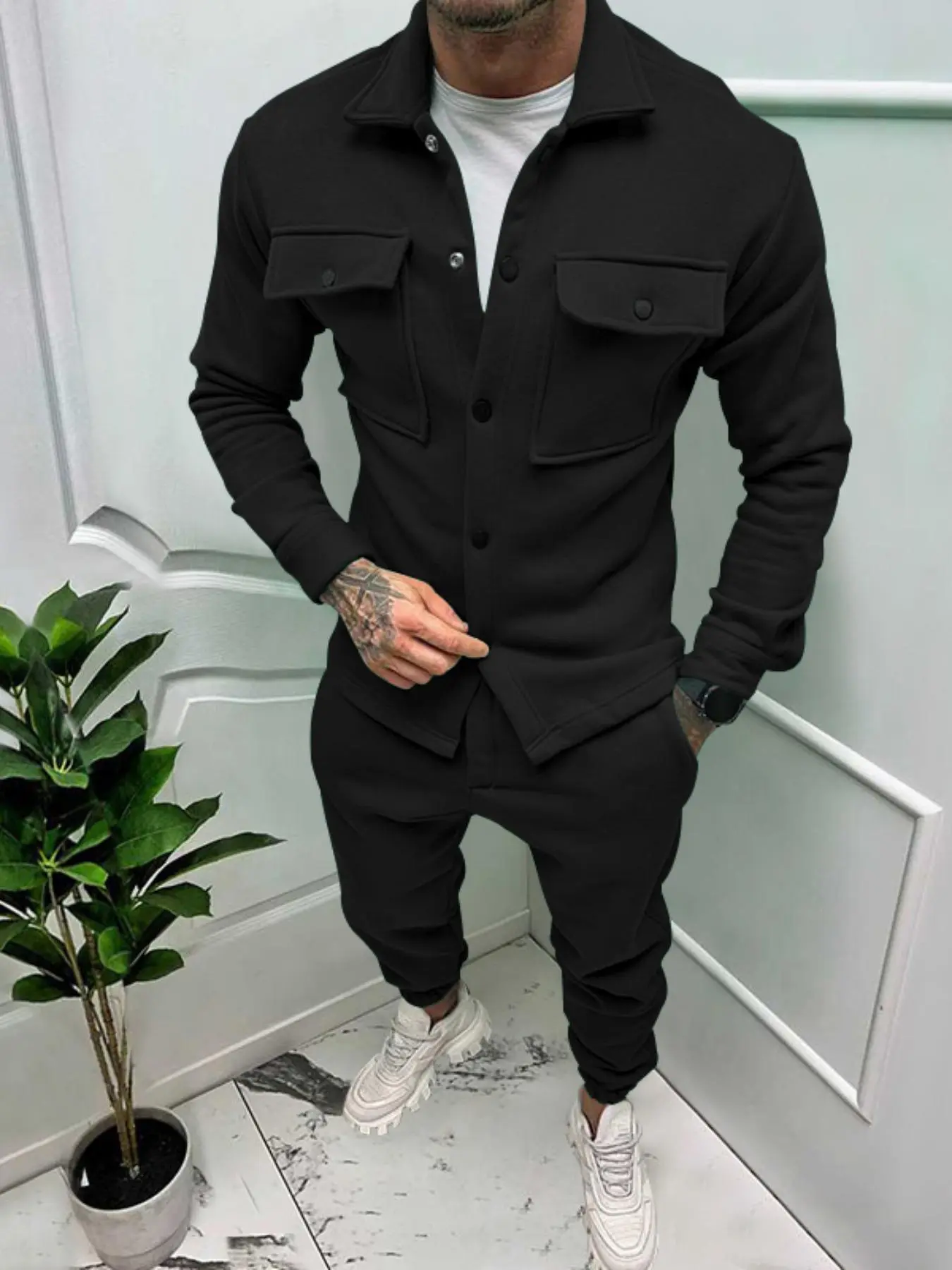 Men's Solid Button Front Jacket & Pocket Pants Two-piece Set, Regular Fit Casual Long Sleeve Pocket Collared Outerwear & Trousers for Spring & Fall, Men's Clothes for Daily Wear, Going Out Outfit