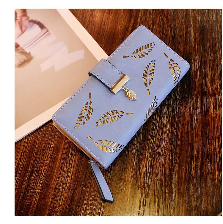 Product Introduction of Women's Long Wallet PU Leather Purse Hollow Golden Leaf Buckle Wallets Wallets for Ladies Coin Purse Id Card Holders Clutch 0