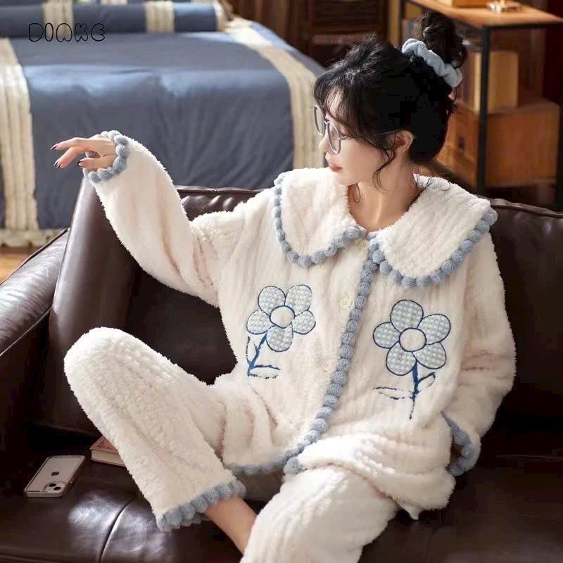 [QCcaocap]Bộ ngủ nữ lông dài BÈO HOA mềm mại ấm áp mùa đông Women Quần Ngủ Tay Loe Nhung Áo