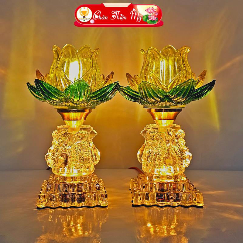 Đèn Thờ Pha Lê Hoa Sen Vàng Thủy Tinh CHÂN THIỆN MỸ Trang Trí Bàn Thờ Đồ Thờ Cúng Cao Cấp