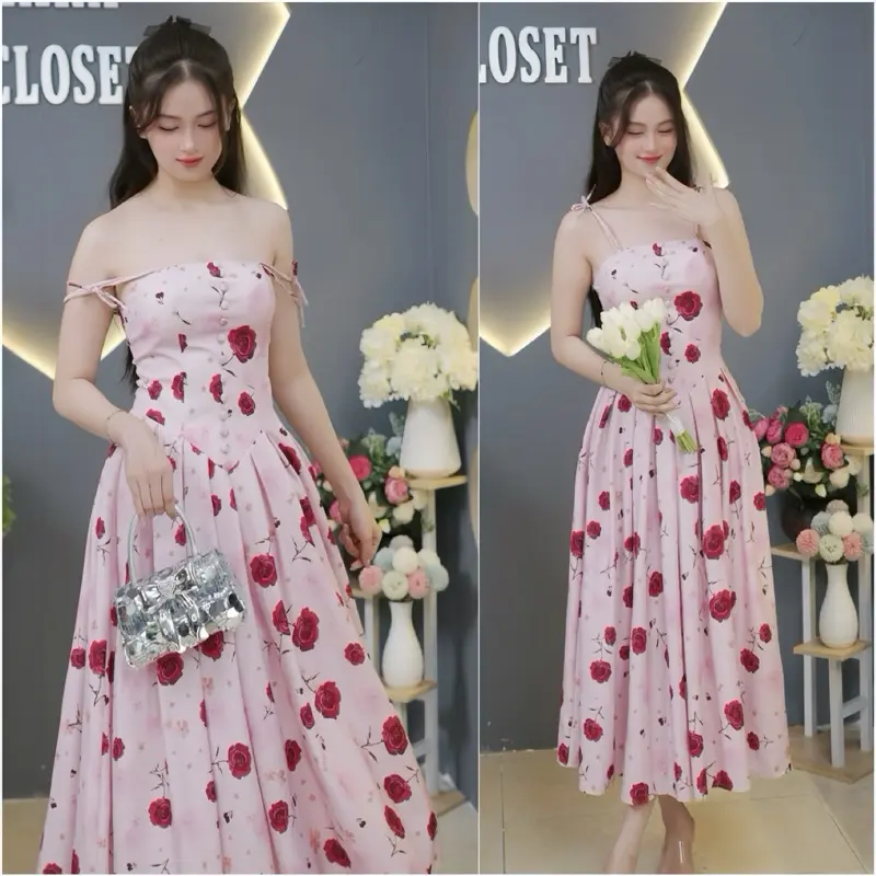 Váy hoa tiểu thư A73 đầm maxi đi biển (Có mút, tặng kèm 2 dây vai mặc được nhiều kiểu) đầm hoa xòe dự tiệc sang trọng tiểu thư nhẹ nhàng - Akara Closet women dress