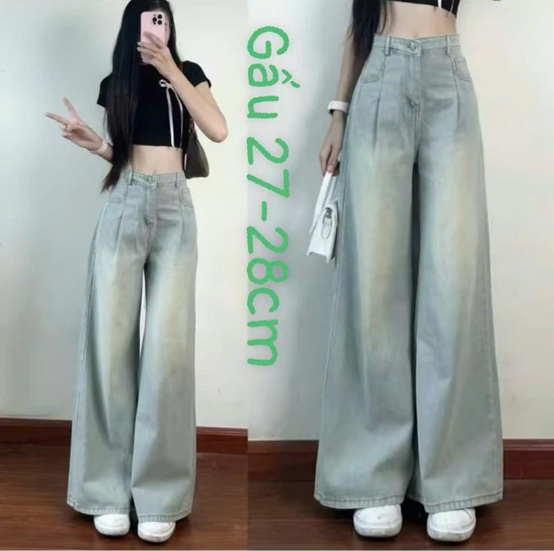 Quần jean bò xếp ly ống suông rộng nữ 1m47-1m57 quần 94-95cm, 1m57-1m65 quần 98-100cm, jeans cạp cao phong cách style 3