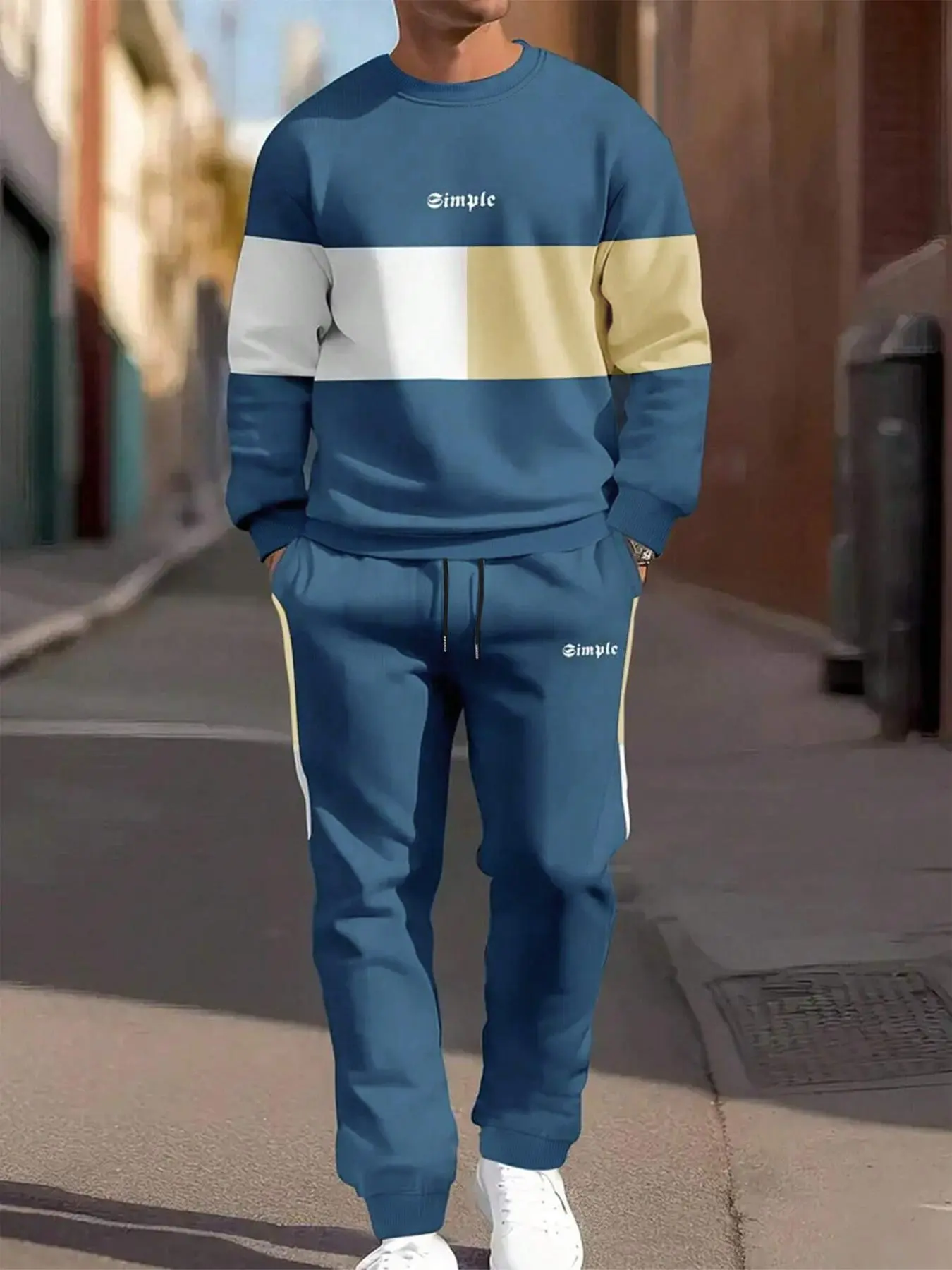 Men's Colorblock Letter Print Sweatshirt & Pants Two-piece Set, Regular Fit Casual Long Sleeve Pullover & Jogger Pants for Spring & Fall, Men's Two-piece Outfits for Daily Wear