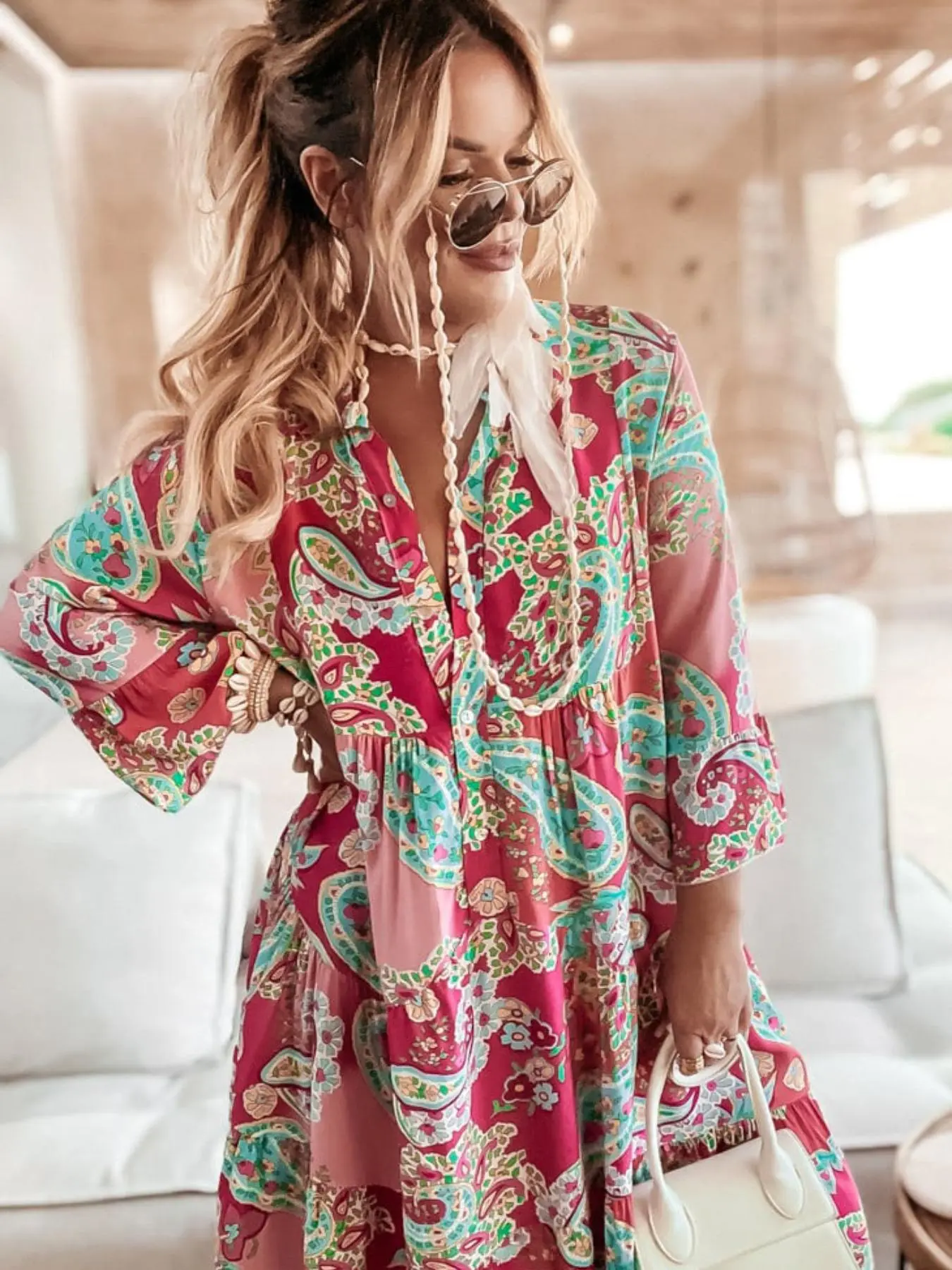 Women's Floral Print Flounce Sleeve Dress, Boho Fashion Casual 3/4 Sleeve Dress for Daily Holiday Vacation Wear, Ladies Dress for Summer