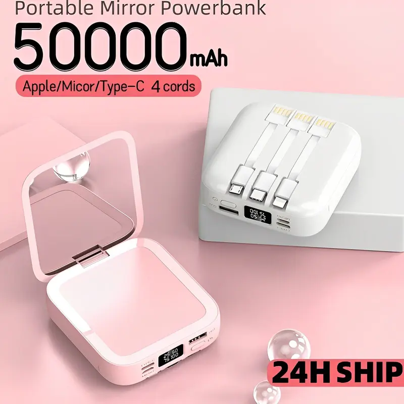 Powerbank Chính Hãng, Dung Lượng 50000mAh, Kích Thước Nhỏ, Có Gương Trang Điểm, Sạc Tích Hợp 4 Dây 0