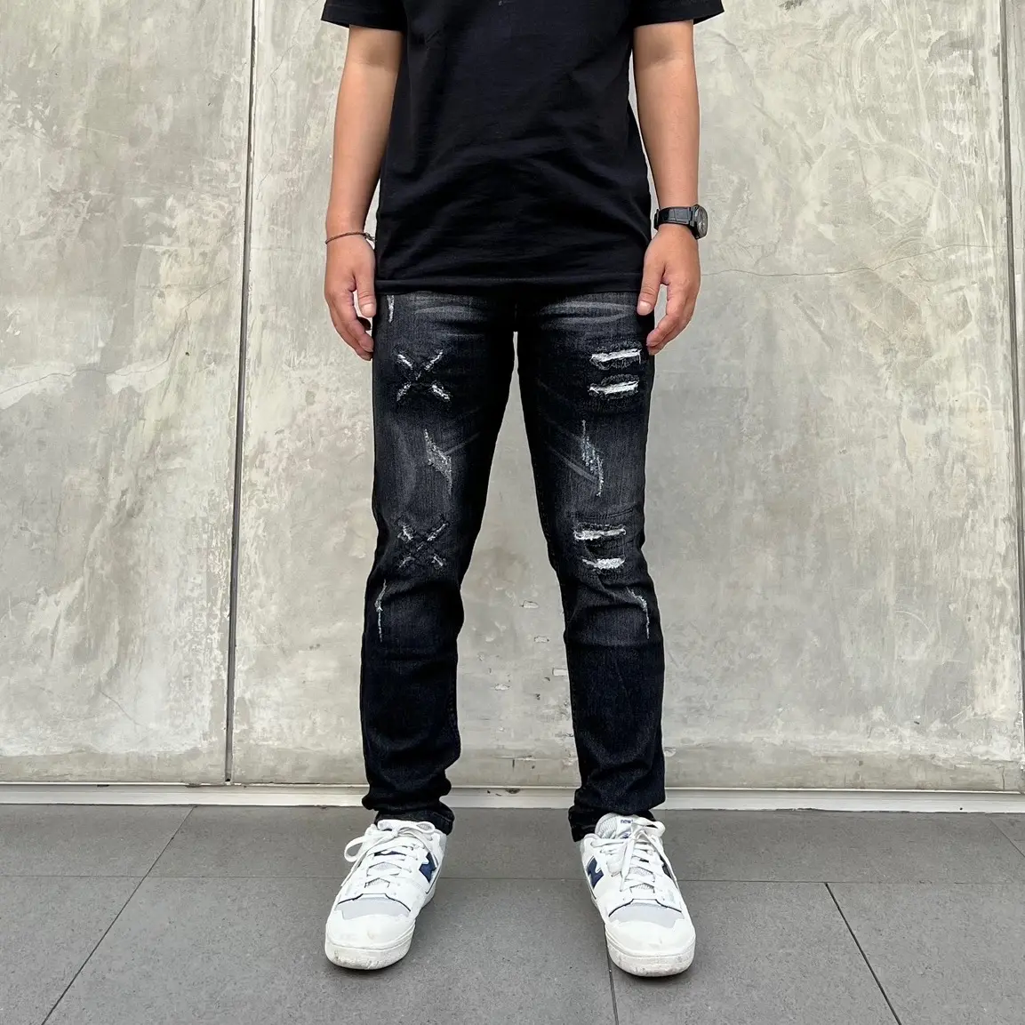 Celana jeans pria motif sobek silang black series Denim Stretch Panjang Slim Fit Slimfit
