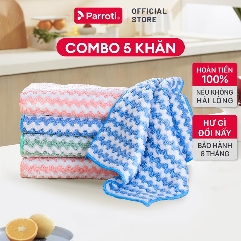  Combo 5 Khăn Lau Bếp Đa Năng Siêu Thấm Hút Lau Kính Xe Ô Tô Combo 5 Cái Parroti Fiber FB03 