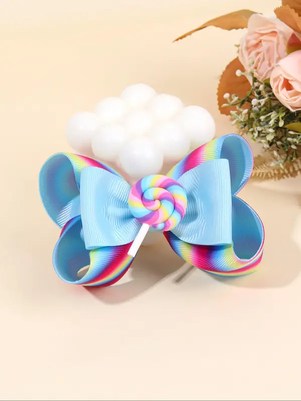 Rainbow Ombre Color Lollipop Design Hair Clips Set, Cute Bowknot Hair Clips for Girls, Fashion Hair Accessories for Party, Daily Clothing Decor 4