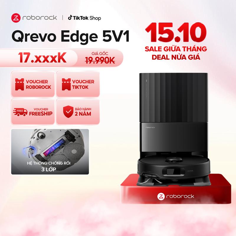 [Tặng 2 NLS] Roborock Qrevo Edge 5V1 robot hút bụi lau nhà | Lực hút 18500 Pa | Làm sạch góc cạnh, chống rối tóc, tự động giặt giẻ, sấy khô | Hàng chính hãng | Phiên bản quốc tế | Bảo hành 2 năm