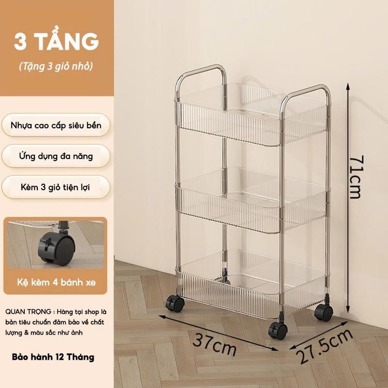 Kệ đựng đồ trong suốt khung INOX đa năng - Tặng kèm 3 Giỏ và 4 bánh xe di chuyển, Gía để đồ tiện lợi kệ  giuờng kệ  để kệ góc  đựng quần áo Kitchen Kitchen