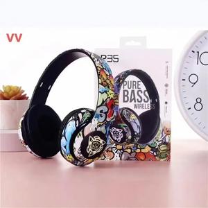 Fon Kepala Bluetooth, P35, Atas Telinga, Wayarles, Gaya Graffiti Cina, Hayat Bateri Panjang, Cahaya, Slot Kad FM, Baharu Amplifier Mic Earphones Audio earbuds  wireless headphone black Headset Speaker