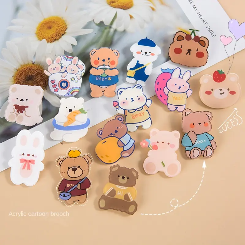 INS Korean style cute acrylic brooch cartoon bear pin bag charm accessory for girls decorative patch