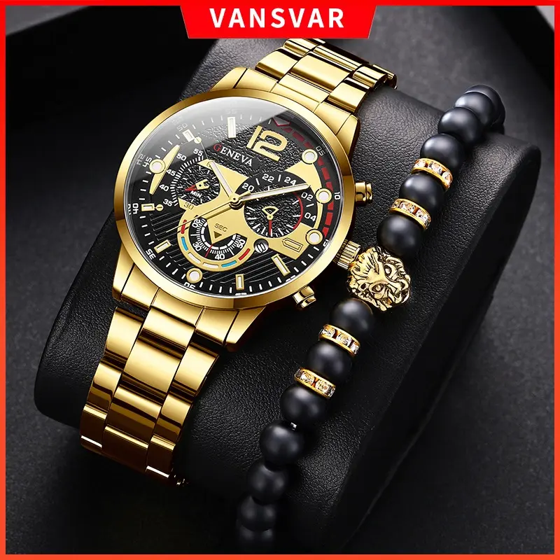 Đồng Hồ Doanh Nhân Nam, Geneva, Dây Thép Không Gỉ, Đồng Hồ Thạch Anh Nam, Bộ Vòng Tay, Hàng Có Sẵn ✪✪