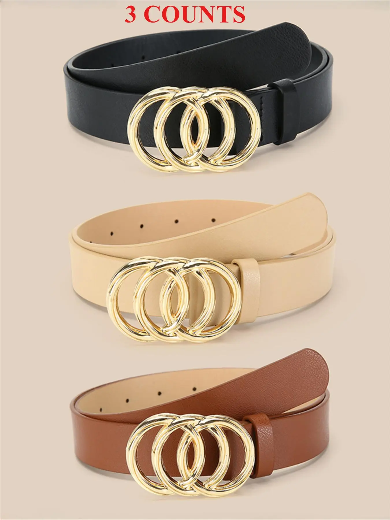 Women's Minimalist Temperament  Triple Ring Buckle  Belt, Casual Solid Color Pu Leather Belt, Fashion Belt for Party, Daily Clothing Decor, Trendy All-match & Exquisite Belt for Gift