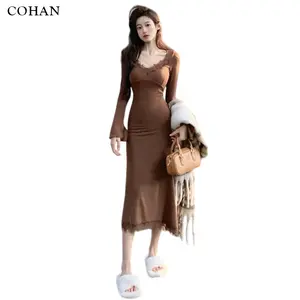 Cohan DR9111  Dress Coklat Wanita Lengan Panjang dress  denim