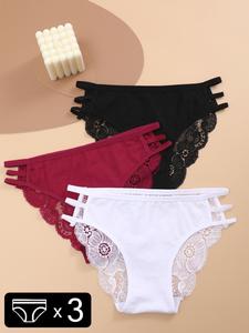 Braguita recortada de encaje en contraste liso de 3 piezas para mujer, braga suave y cómoda y transpirable para uso diario, ropa interior para todas las estaciones