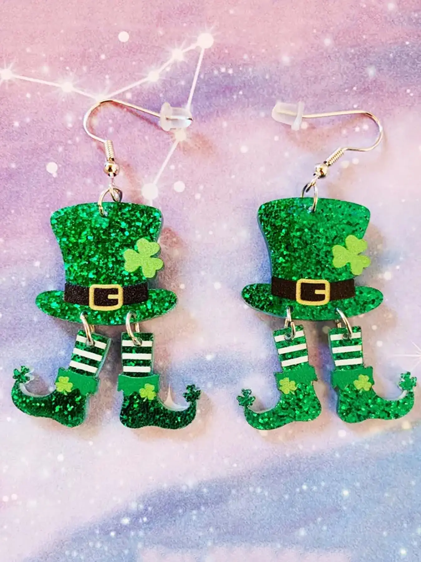 St. Patrick's Day Themed Earrings, Vintage Style Glitter Shamrock Top Hat Design Dangle Earrings, Fashion Jewelry Accessories for Women & Girls