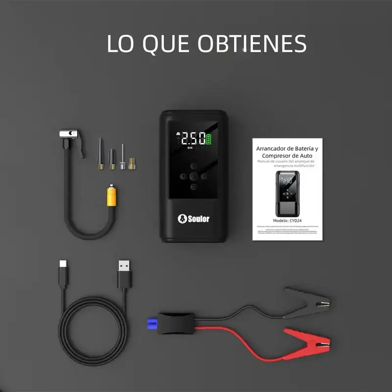 Soulor Arrancador de batería 5 en 1, arrancador de coche de 1000 A/2000 A con bomba de aire de 150 PSI, inflador y desinflador digital de neumáticos, cargador portátil de batería para coche con puerto USB y luz LED para vehículos de gasolina, mante - Foto 7