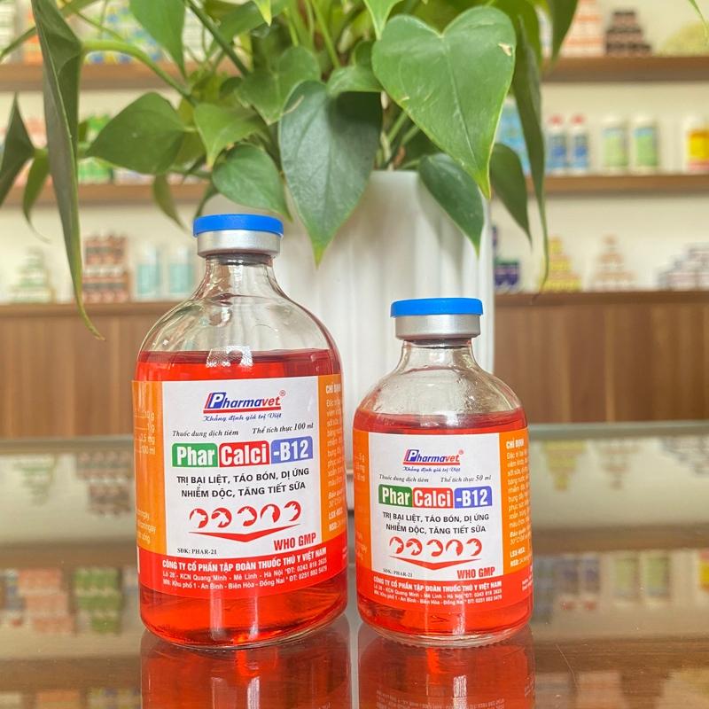 PHARCALCI B12 - Cung cấp Calci và B12 cho vật nuôi, đặc trị bại liệt, yếu chân và co giật trên vật nuôi. Dạng dung dịch 6