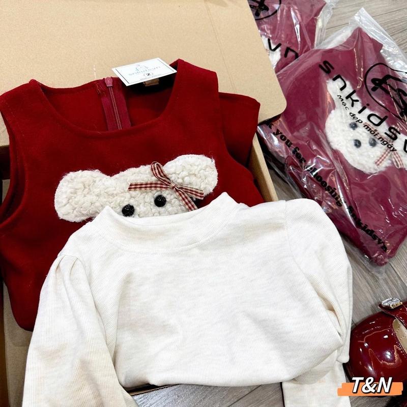 [ 10 - 20kg ] set váy Nhung 2 chi tiết kèm áo lông thỏ gấu đính nơ Hồng 7