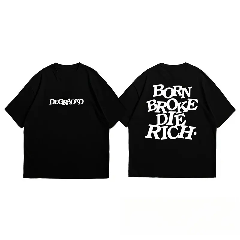"Born Broke Die Rich" Crew Neck Men's Letter Print T-Shirt , Casual fashion, trendy personality, high-quality polyester, machine washable