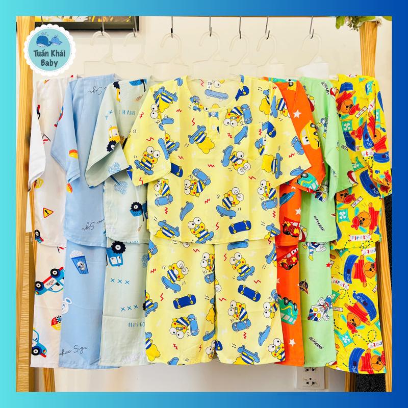 [5-45 Kg] -Set 3 Bộ Quần áo Tole Lanh Bé Trai - Mẫu tay dài, cài 2 nút trước - Đồ Ngủ cho bé Trai mùa hè
