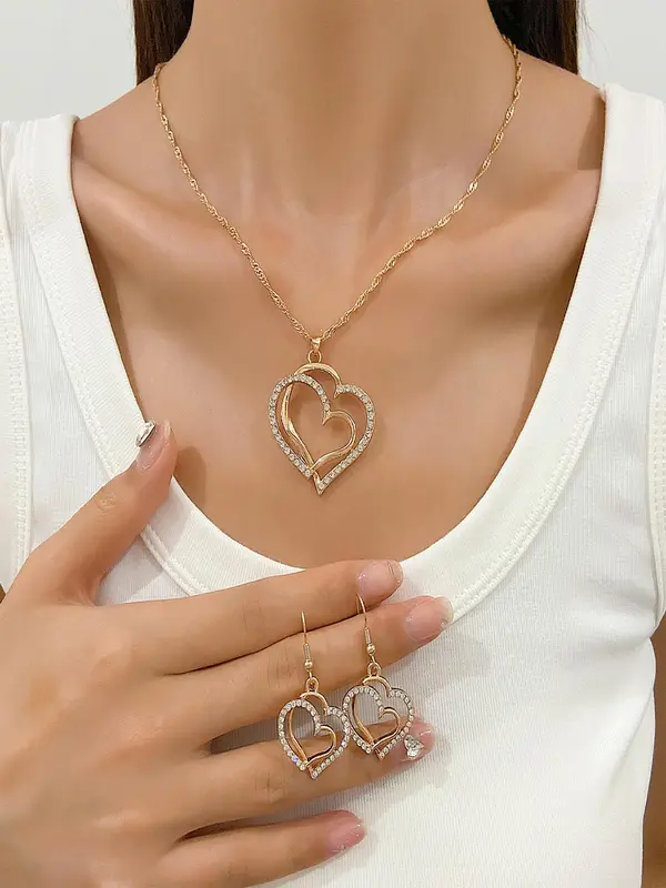 Women's Elegant Heart Design Pendant Necklace &   Earrings, Exquisite Trendy Jewelry Set, Fashionable Accessories for Daily & Party Decoration 2