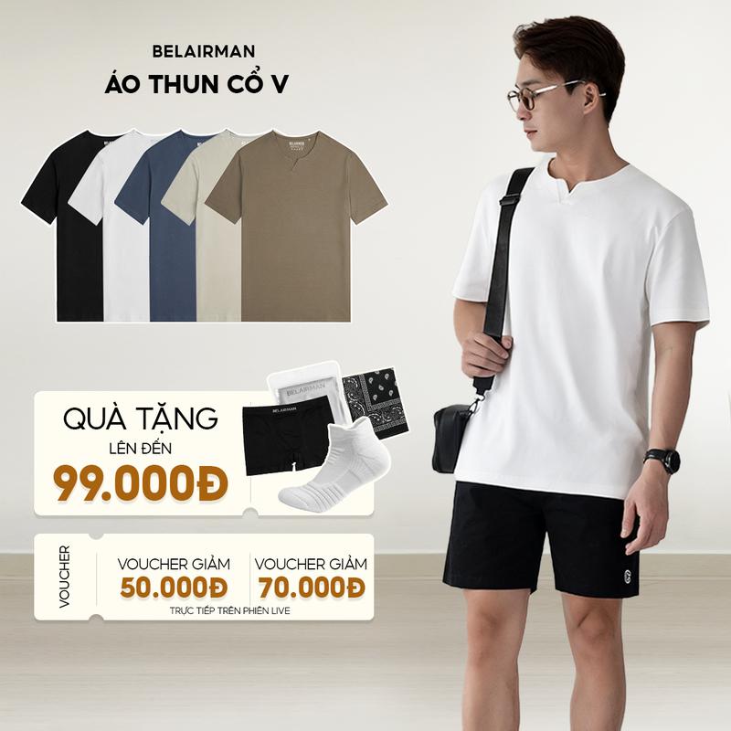 Áo thun nam nữ BELAIRMAN cổ chữ V ver 2 chất liệu cotton co giãn tôn dáng Menswear