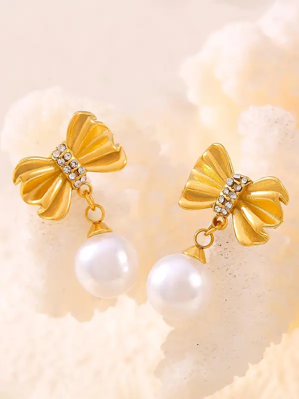 Faux Pearl & Rhinestone Decor Bow Design Dangle Earrings, Elegant Vintage Jewelry for Women, Trendy All-match & Exquisite Jewelry for Birthday Gift 4