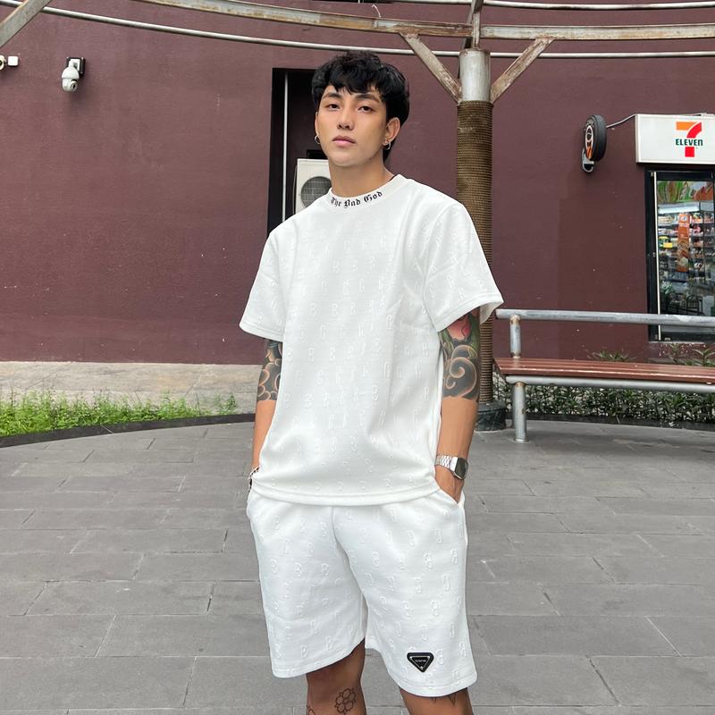 Bộ quần áo The Bad God Áo thun cổ in Zane Monogram Trắng và Quần Short Zane Monogram Trắng