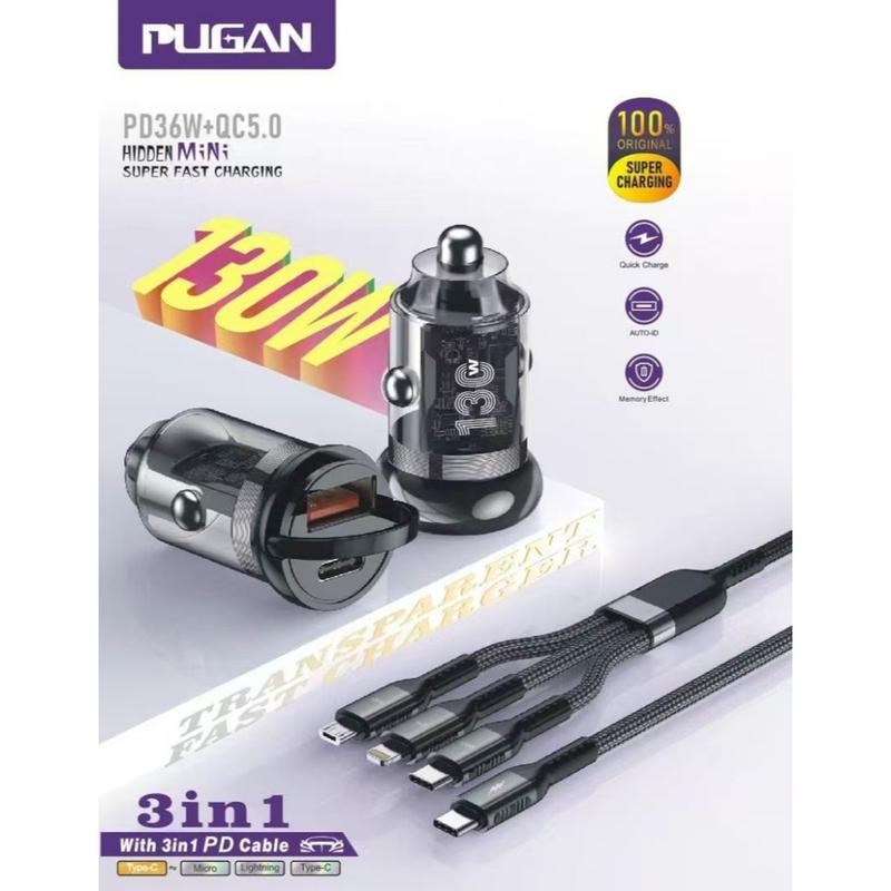 Tẩu Sạc Nhanh Ô Tô PUGAN 130w (QC5.0 + PD36W) Sạc Siêu Nhanh Cắm Tẩu Âm Nguồn 2 Cổng USB và TYPE C Phù Hợp Mọi Dòng Xe 4