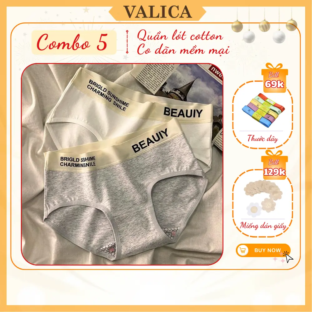 Combo 5 Quần Lót Nữ Cạp Thun Co Giãn Mềm Mại - Set 5 Quần Chip Nữ Cạp Chữ Cá Tính VALICA L909 Cotton Voi