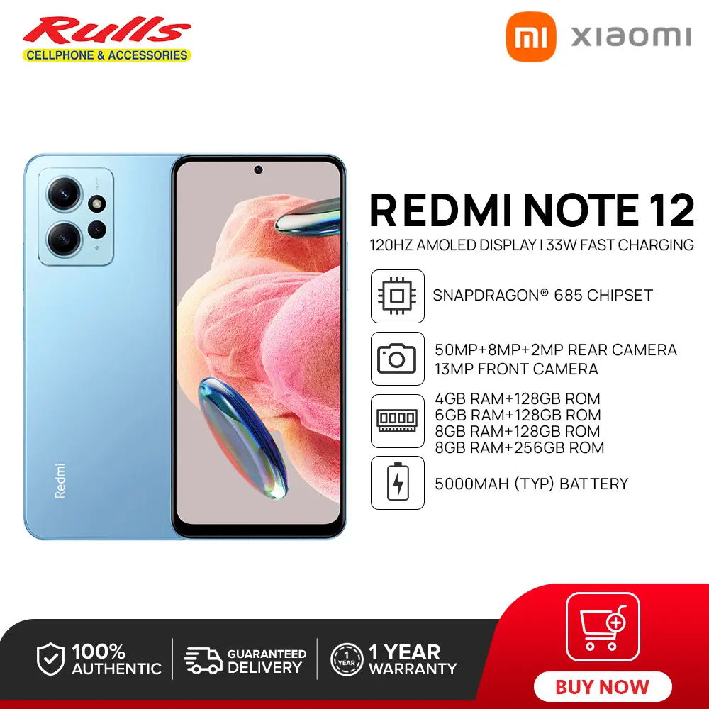 Xiaomi Redmi Note 12 Smartphone | 8GB RAM + 256GB ROM | 6nm Snapdragon 685 | 120Hz AMOLED display | 50MP Triple Camera | 5000mAh Battery | 33W Fast Charging