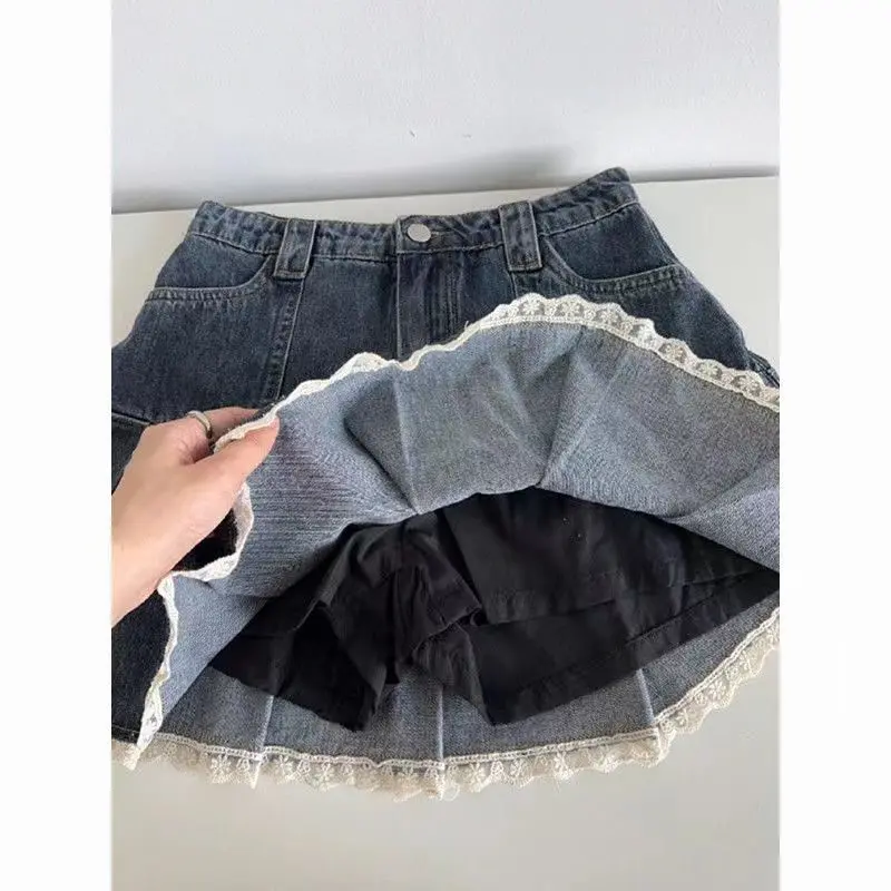 Chân Váy Denim Xếp Ly Ren Ngọt Ngào Hàng Mới Về Mùa Hè, Dành Cho Nữ, Cạp Cao, Chữ A Mỏng Vừa Vặn, Chống Lộ, Phong Cách 2024 2