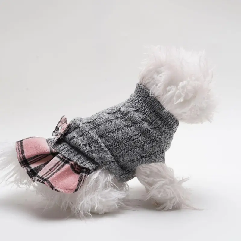 Dog & Cat Plaid Knitted Sweater Set, Cute Knitwear Sweater with Bow Decor, Pet Clothes for Small Medium Dogs & Cats 4
