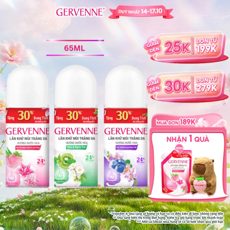 [ĐƠN 189K TẶNG 1 QUÀ] [TĂNG 30% DUNG TÍCH] Lăn Khử Mùi Lưu Hương cho nữ Gervenne 3 Mùi Hương Dâu Tây/ Kiwi/ Việt Quất 65ml