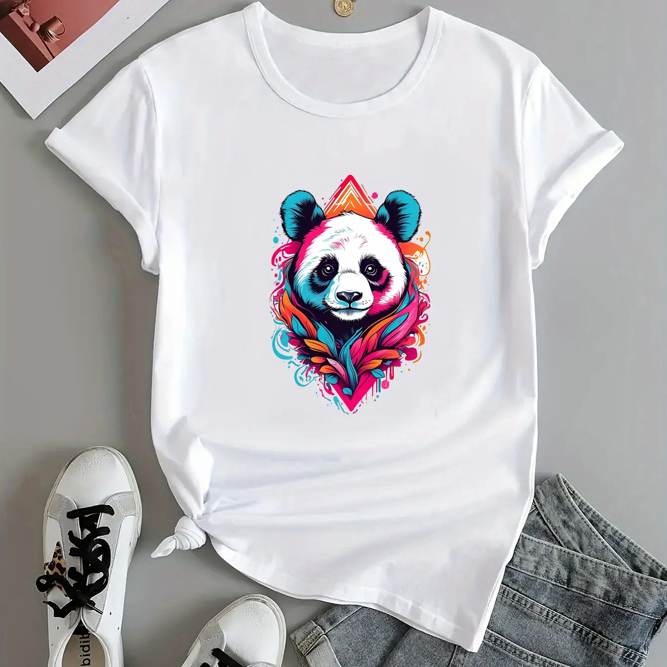 Hot selling Anime Women's Digital Printed Panda Pattern T-shirt Large Breathable Short Sleeve Round Neck Casual Women's Short Sleeve
